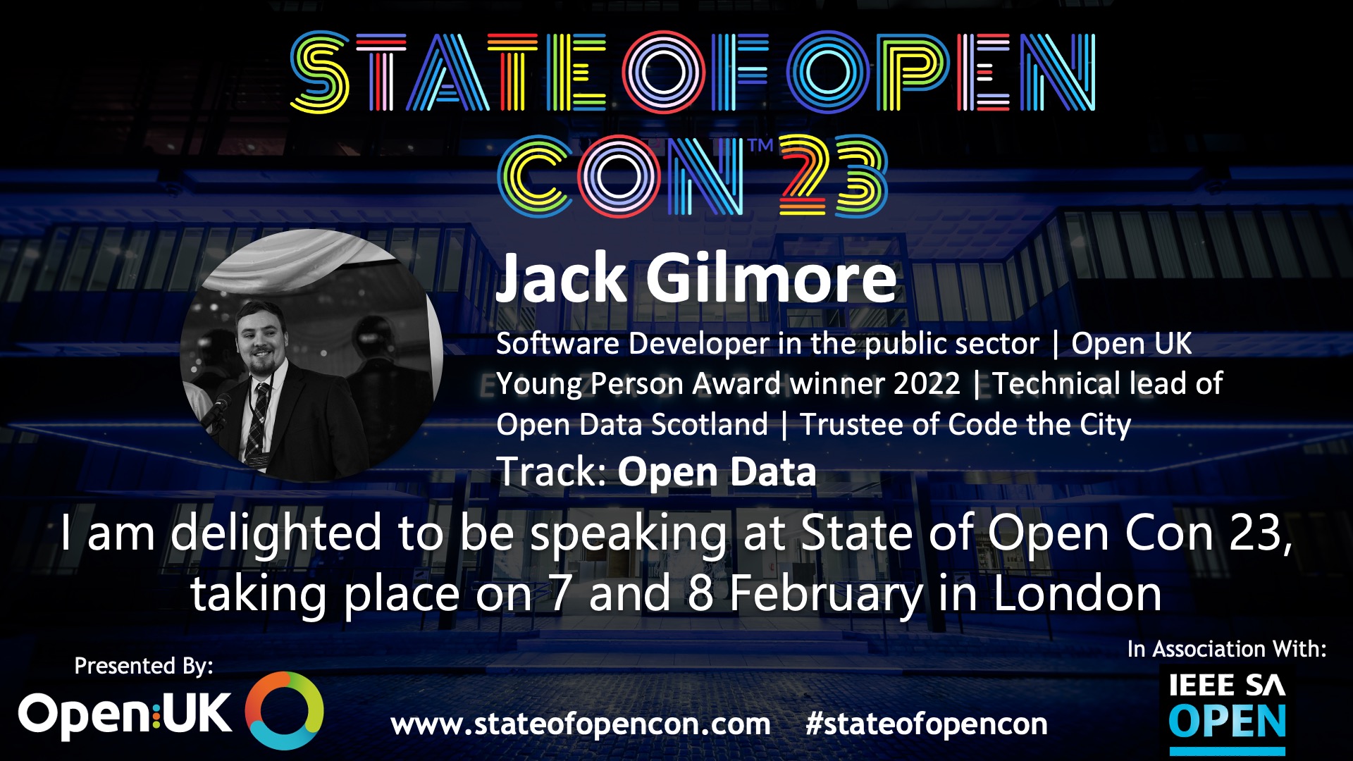 My speaker card for State of Open Con 2023