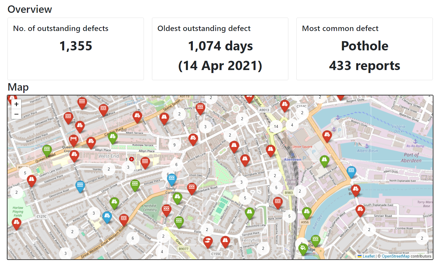 A screenshot of the Street Sentinel app, displaying various stats and a map of road defects.
